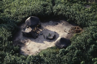 SUDAN, Traditional Housing, Aerial view over Dinka settlement in maize and sorghum fields.