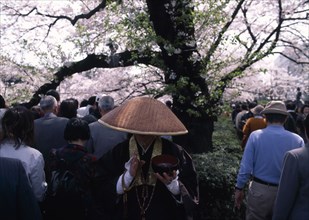 JAPAN, Honshu, Tokyo, Chidorigafuchi Park. Buddhist Monk begging under a tree with crowds of people
