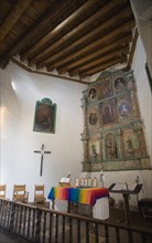 USA, New Mexico, Santa Fe, The altar of the San Miguel Mission church