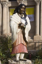 USA, New Mexico, Santa Fe, Statue outside the front of the Cathedral Of St Francis of the Algonquin