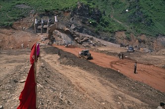 NORTH KOREA, N. Hwanghae Prov., Linsan County, Reconstruction of dam damaged by 1995 floods.