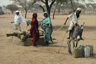 SUDAN, Kordofan, North, People using donkey to help pull up water from well.
