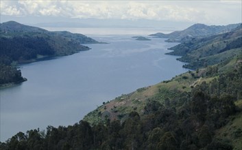 RWANDA, Lake Kivu, Lake and surrounding landscape of rift valley bordering the Democratic Republic