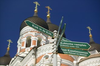 ESTONIA, Tallinn, Pedestrian signpost beneath Alexander Nevsky Cathedral in the Toompea district of