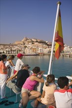 SPAIN, Balearic Islands, Ibiza, "Passengers on board a ferry leaving Eivissa for Formentera,