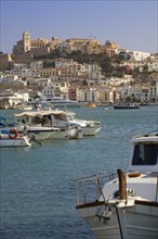 SPAIN, Balearic Islands, Ibiza, "View across the port, Eivissa. Various sized boats in water,
