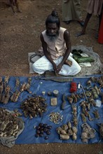 INDIA, Rajasthan, "Ayurvedic medicine stall selling roots, seeds and traditional remedies."