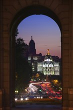 SPAIN, Madrid, "Night time view along Calle de Alcala towards the Gran Via from the Puerta de