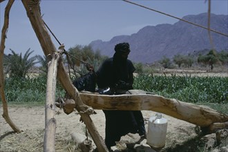 NIGER, Air Mountains, Tuareg filling water bottle at well.