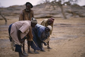 MALI, Sangha, Dogon elders reading signs in the sand and make prophecies for the village.