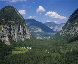 AUSTRIA, Salzburg, Dachstein, "Waldbach Valley covered in trees, Village of Lahn by lake of