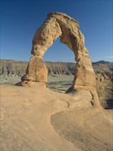 USA, Utah, Arches National Park, The Windows. A wide angled view of Delicate Arch looking towards