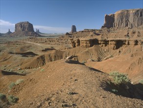 USA, Arizona, Monument Valley, Rock formations seen from John Ford Point in evening light