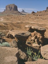 USA, Arizona, Monument Valley, Rock formations from John Ford Point in evening light