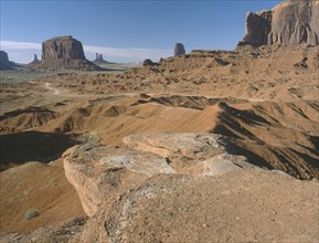 USA, Arizona, Monument Valley, Rock formations from John Ford Point seen in evening light
