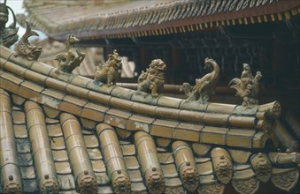 TAIWAN, Sun Moon Lake, Detail of carved roof of Wen Wu Temple