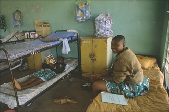 GHANA, North, Children, Girls in dormitory of boarding school.