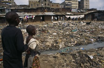 KENYA, Nairobi, Children in squalid and dangerous slum without sanitation.