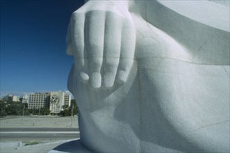 CUBA, Havana, Detail of the hand of the Jose Marti statue with the Revolution Square below and the