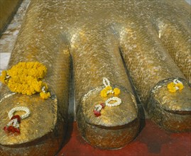 THAILAND, Bangkok, Banglamphu, Wat Indrawiharn. Close up of Floral offerings on the foot of a 45