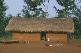 CENTRAL AFRICAN REPUBLIC, Traditional House, Typical roadside dwelling of the Sango Tribe with mud