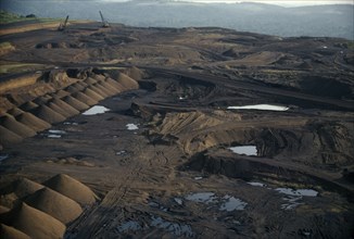 GABON, Moanda, Aerial view over manganese mine and devastated landscape.