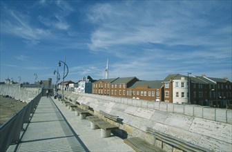 ENGLAND, Hampshire, Portsmouth, Old Portsmouth. Path with railings and seats next to the Walls and