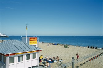 ENGLAND, East Sussex, Eastbourne, Lifeguard and First Aid Station on beach.