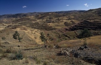 ERITREA, Landscape, Terraced hillsides and country road between Asmara and Keren.