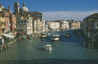 ITALY, Veneto, Venice, View over the Grand Canal and water traffic from the Ponte degli Scalzi.