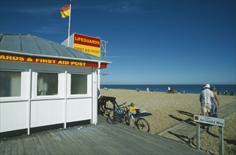 ENGLAND, East Sussex, Eastbourne, Lifeguard First Aid Station on beachfront.