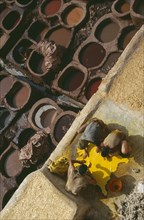 MOROCCO, Fes, Chouwara Tanneries.  Men working at the tanner’s pits with coloured dyes.