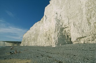 ENGLAND, East Sussex, Birling Gap, Section of cliff face from peeble beach.