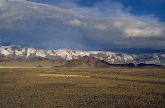 MONGOLIA, Bayan Olgii Province, Landscape, Open steppe lands near Kazakh inhabited Dellun.