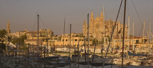 SPAIN, Balearic Islands, Mallorca, "Palma de Mallorca, Panoramic view of The Cathedral across the