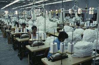 DOMINICAN REPUBLIC, Industry, Interior of clothing factory with female workers seated at machines.