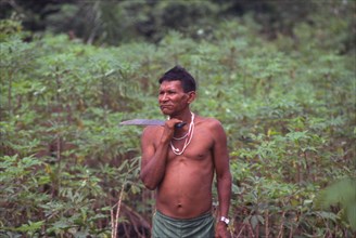 COLOMBIA, Vaupes , "Tukano indian shaman, with machete and chewing coca."
