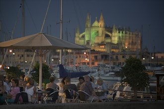 SPAIN, Balearic Islands, Mallorca, "Palma de Mallorca, Cafe with the Cathedral behind, set in the