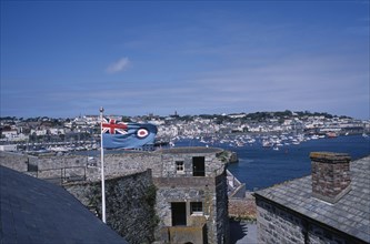 UNITED KINGDOM, Channel Islands, Guernsey, St Peter Port. View from Castle Cornet with Union Jack