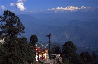 INDIA, West Bengal, Darjeeling, "Bhutia Busty Gompa and Mount Kanchenjunga beyond the Buddhist