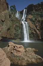 MOROCCO, Middle Atlas, Cascades d’Ouzoud, Waterfalls of the Olives.  Multiple falls cascading over