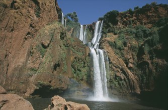 MOROCCO, Middle Atlas, Cascades d’Ouzoud, Waterfalls of the Olives.  Multiple falls cascading over