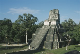 GUATEMALA, El Peten, Tikal, "Mayan Ruins, 200BC to 900AD. Temple II, Temple of the Masks, 38 Meters