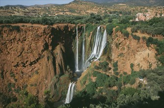 MOROCCO, Middle Atlas, Cascades d’Ouzoud, Waterfalls of the Olives.  View towards top of multiple