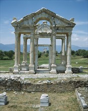 TURKEY, Denizli, Ancient City of Aphrodisias. Front on view of Temple of Aphrodisias. Ruins of