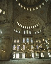 TURKEY, Istanbul, "Interior of Blue Mosque of Sultan Ahmet. Dome roof, stained glass windows and