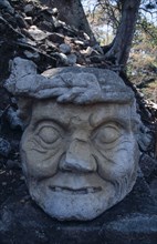 HONDURAS, Copan, Great Plaza, "Mayan Ruins, AD 250 to 900, Detail of carved stone head."
