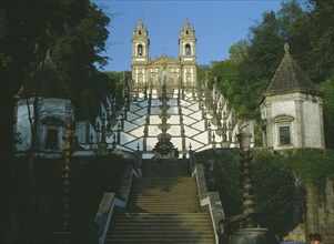 PORTUGAL, Minho, Bom Jesus do Monte, Church east of Braga with baroque stairway with white painted