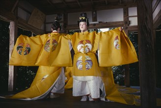 JAPAN, Honshu, Kyoto, Temple maidens or Miko performing gayaku in Sagimori Shinto shrine.