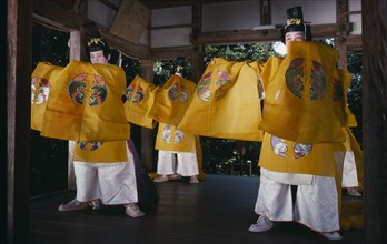 JAPAN, Honshu, Kyoto, Women performing gagaku in Sagimori Shinto shrine.